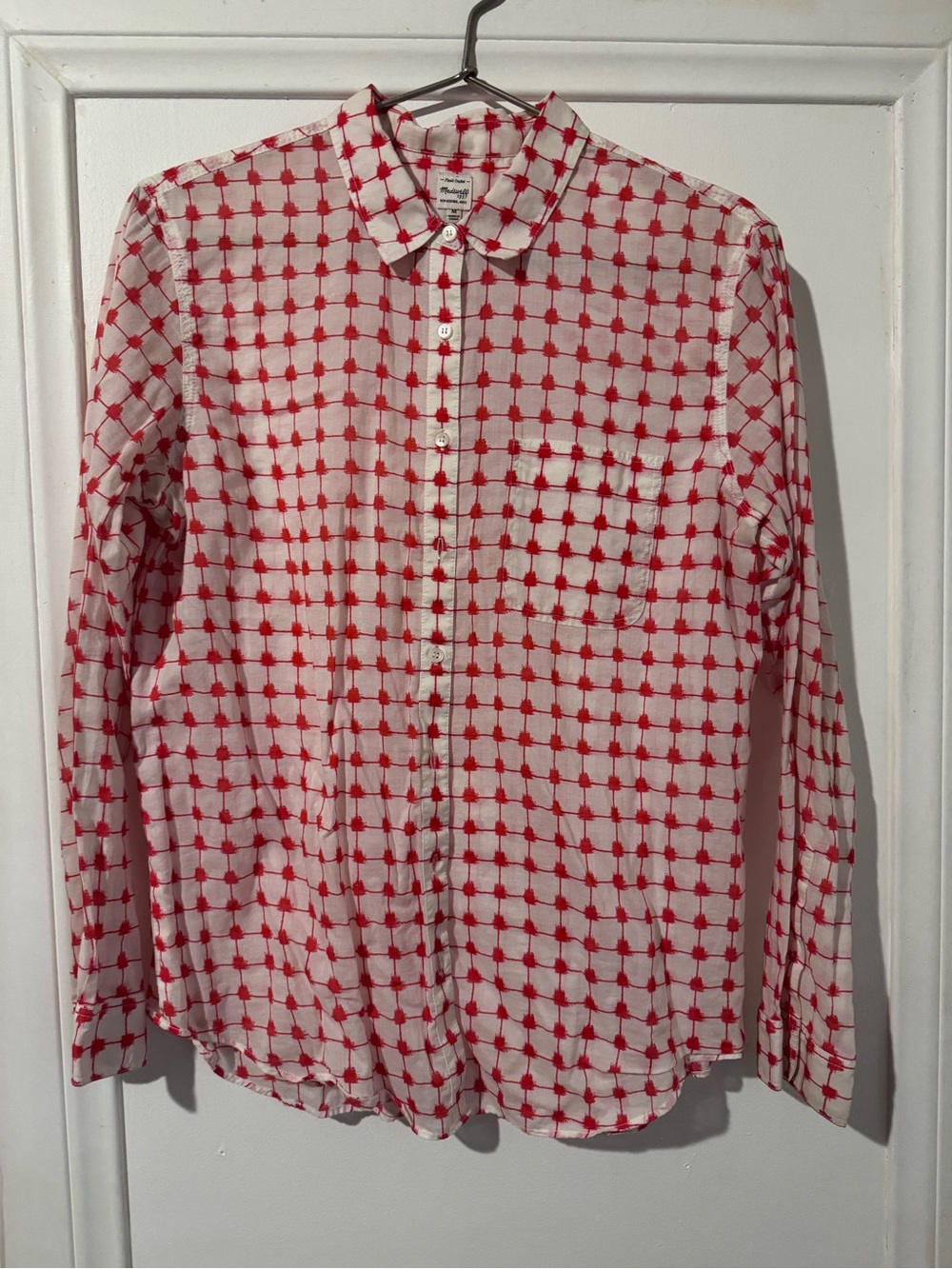 5/$20 Madewell White Blouse with Red Grid Print
